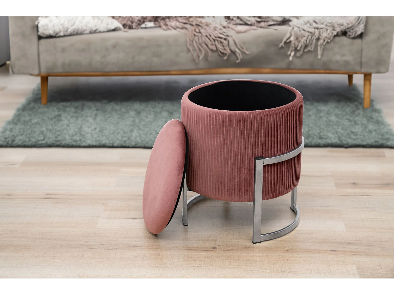 Pouf AKORD PORTO aus Samtstoff mit Stauraum in Rosa Durchmesser 40 cm Höhe 46 cm