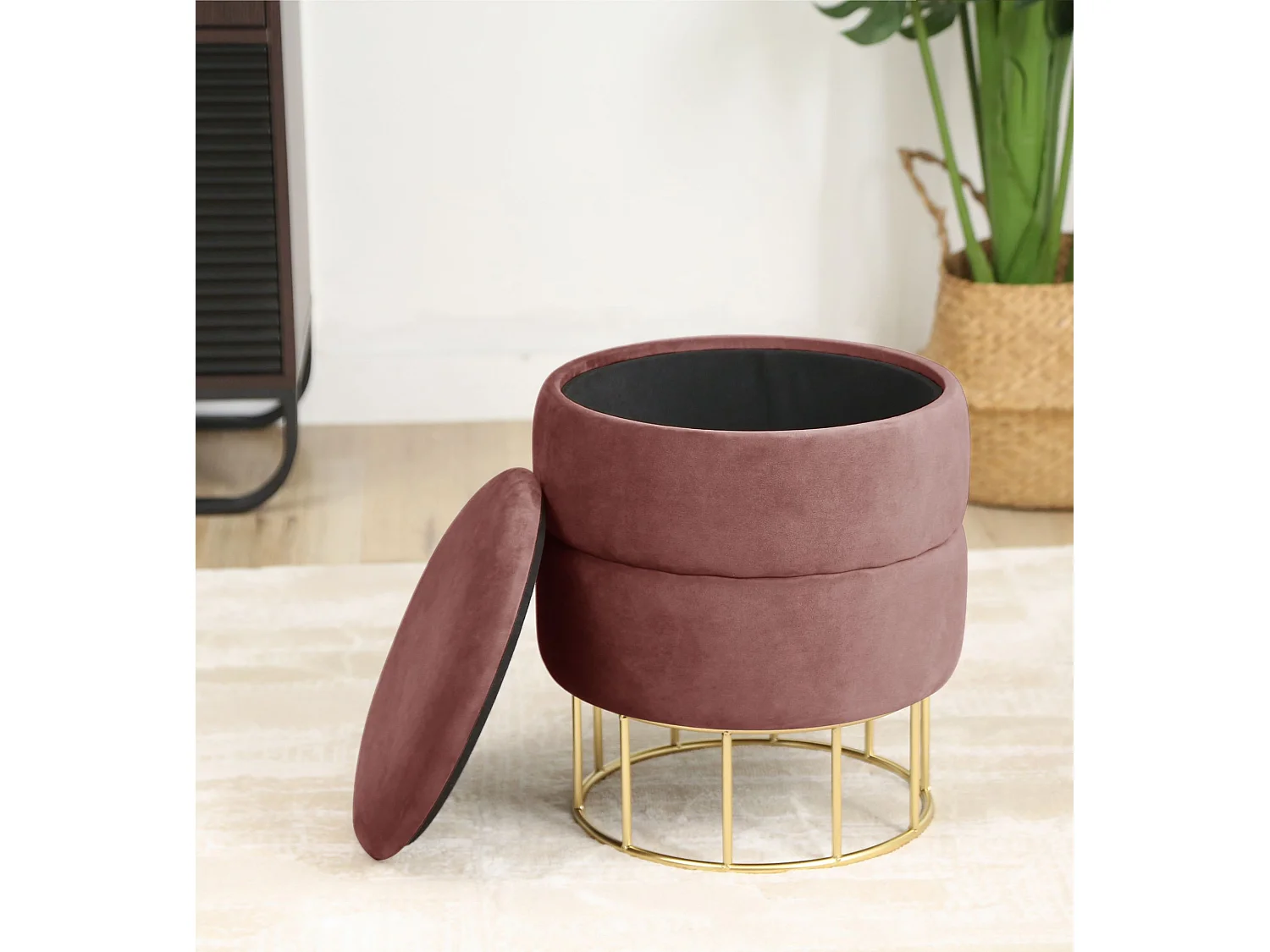 Pouf de Rangement avec Couvercle matelassé AKORD ELZA velour colour Rose hauteur 42 cm