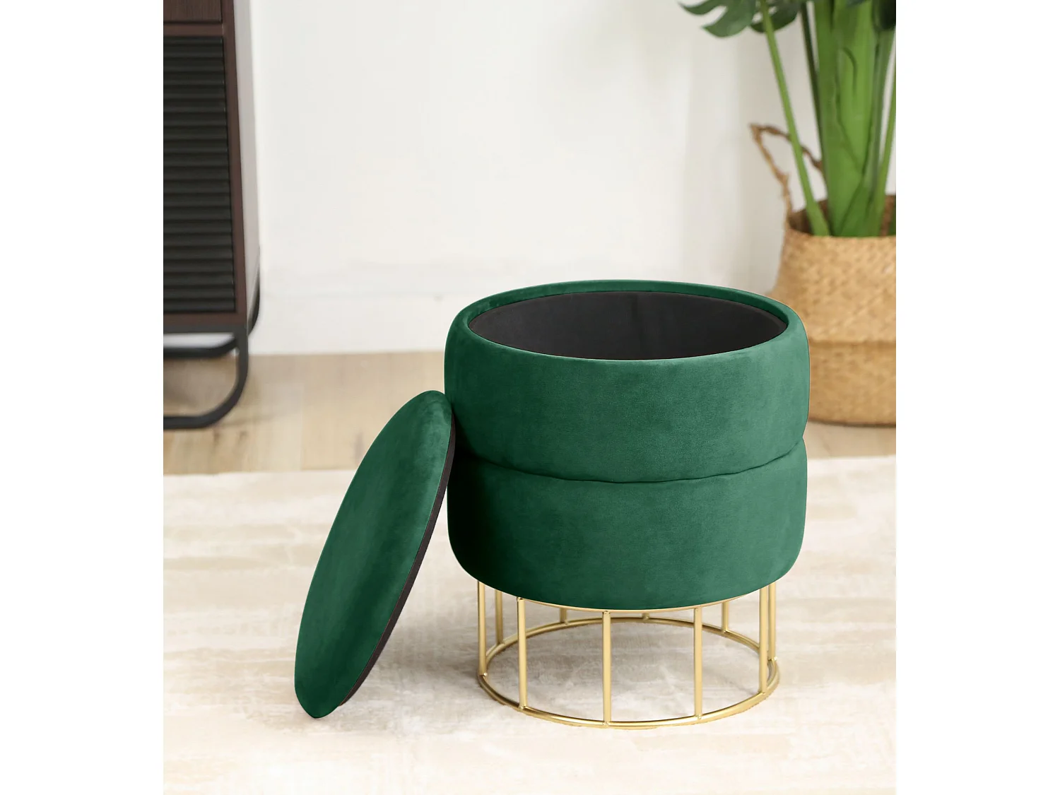 Pouf de Rangement avec Couvercle matelassé AKORD ELZA velour colour Vert Bouteille hauteur 42 cm