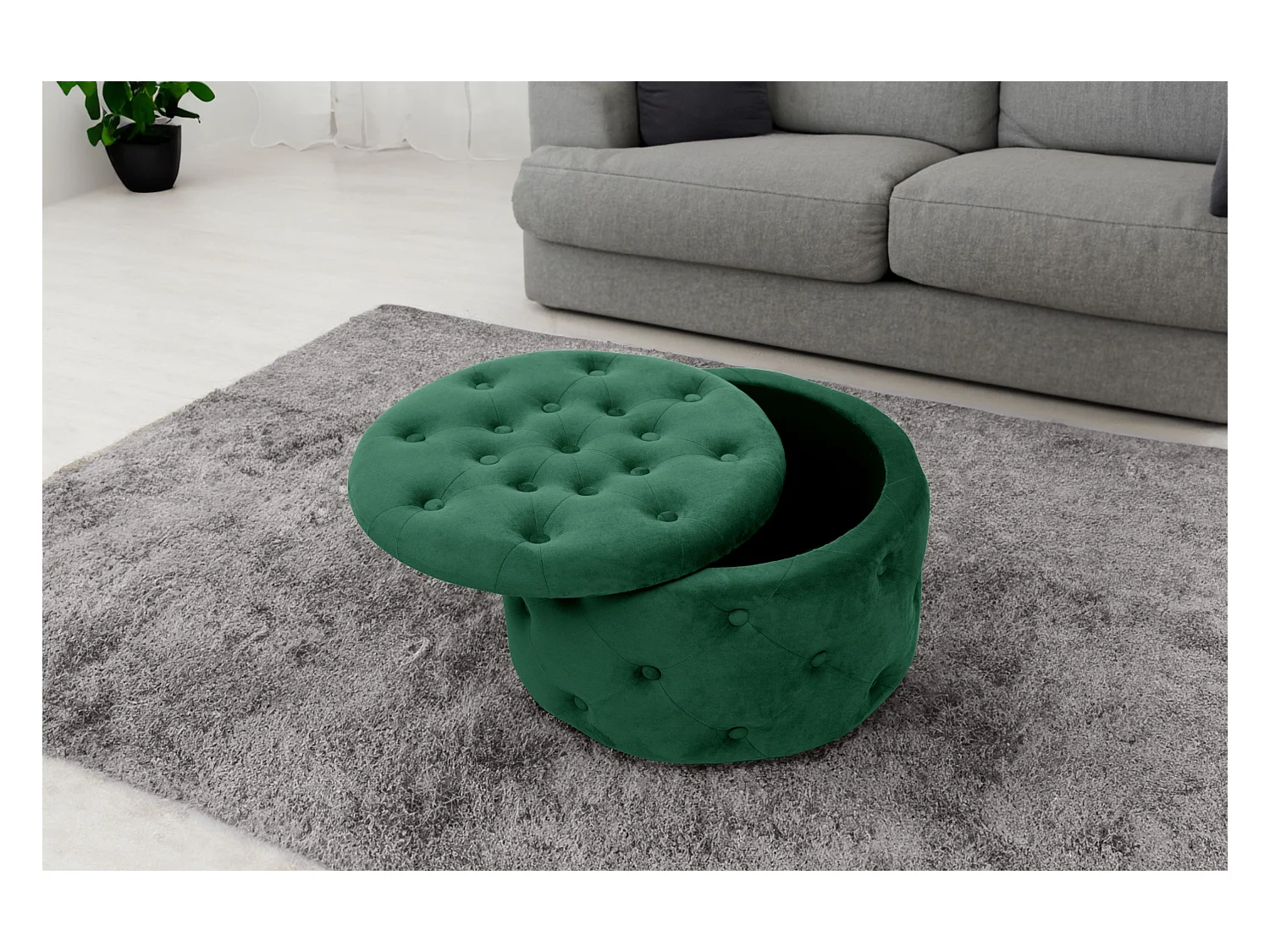 Pouf AKORD ALIA aus Samtstoff mit Stauraum in Flaschengrün Durchmesser 55 cm Höhe 30 cm