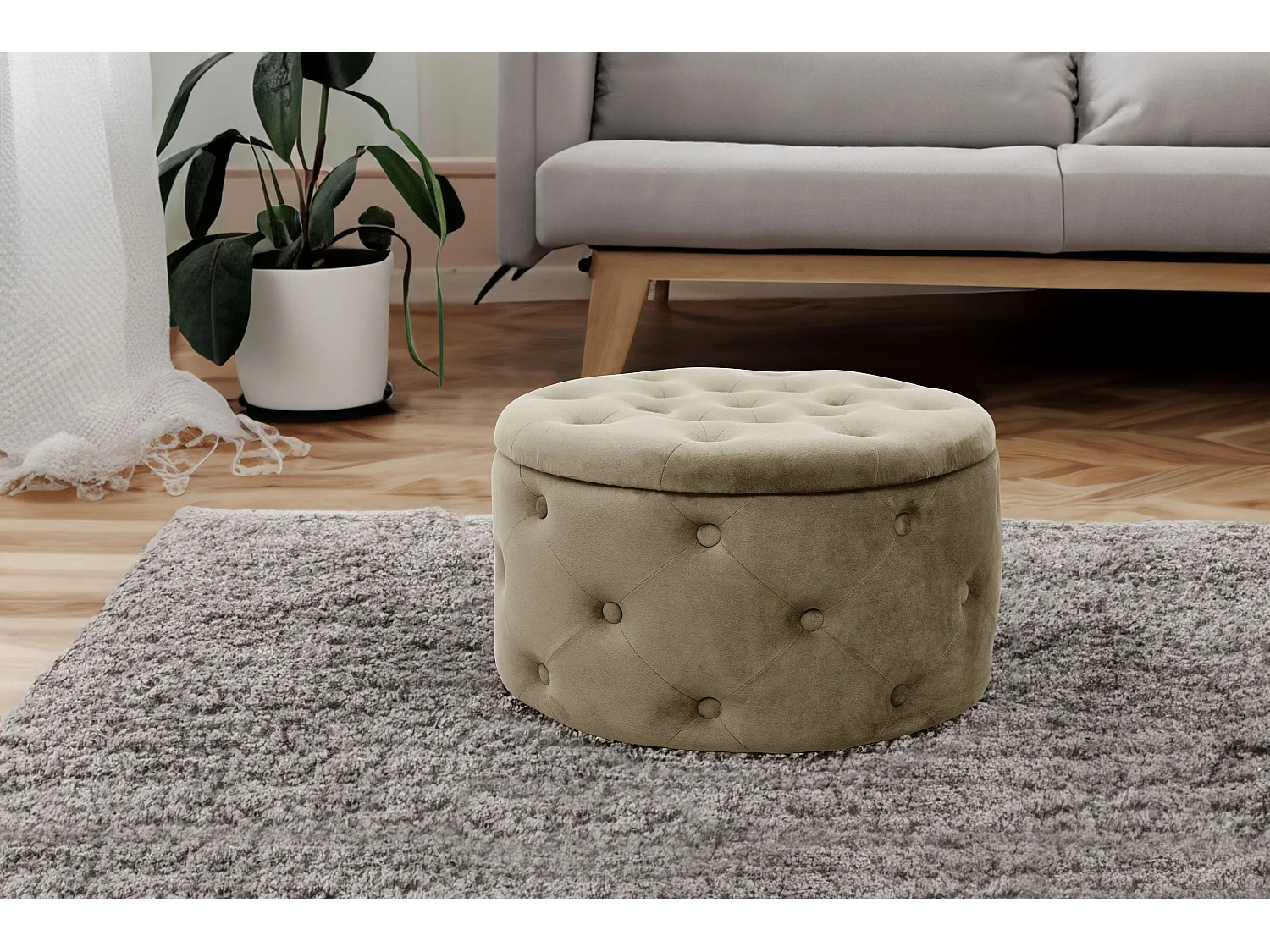 Pouf de Rangement avec Couvercle matelassé AKORD ALIA velour colour Beige hauteur 30 cm