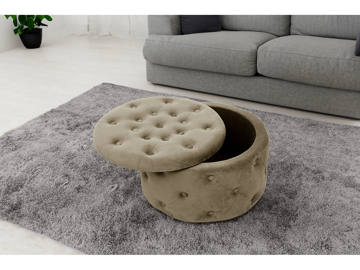 Pouf de Rangement avec Couvercle matelassé AKORD ALIA velour colour Beige hauteur 30 cm