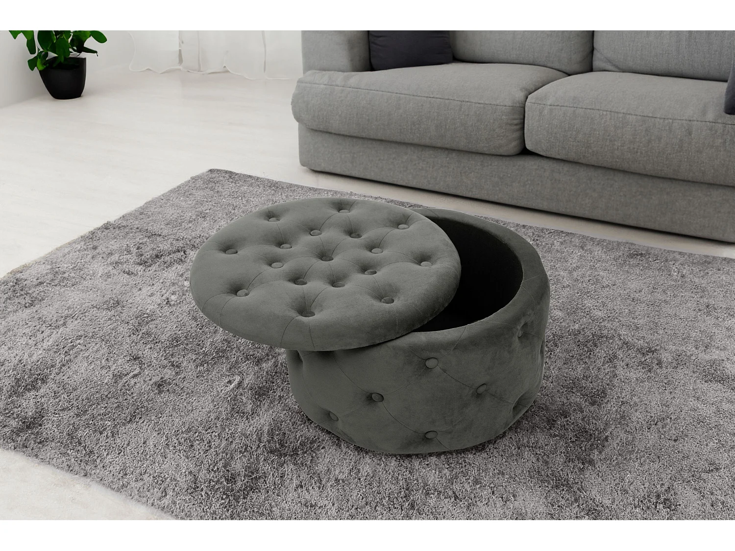 Pufa ze schowkiem okrągła welurowa pikowana AKORD ALIA Szara