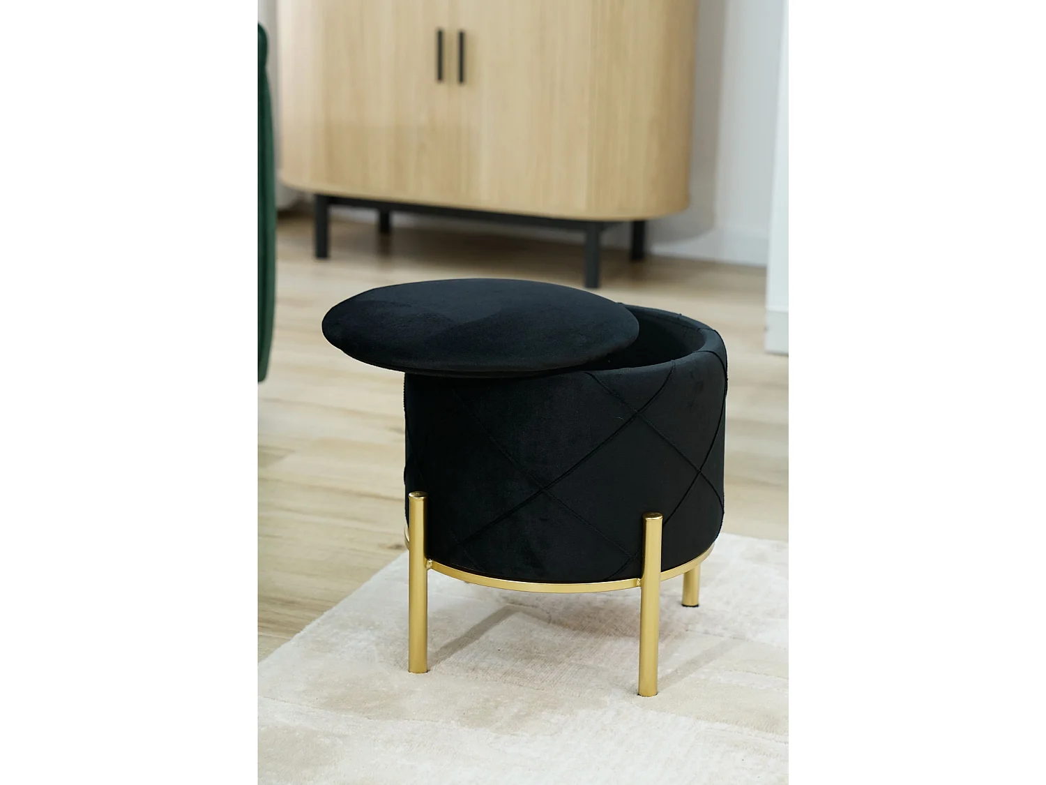 Pouf de Rangement avec Couvercle matelassé AKORD SAVANA velour colour Noir hauteur 40 cm