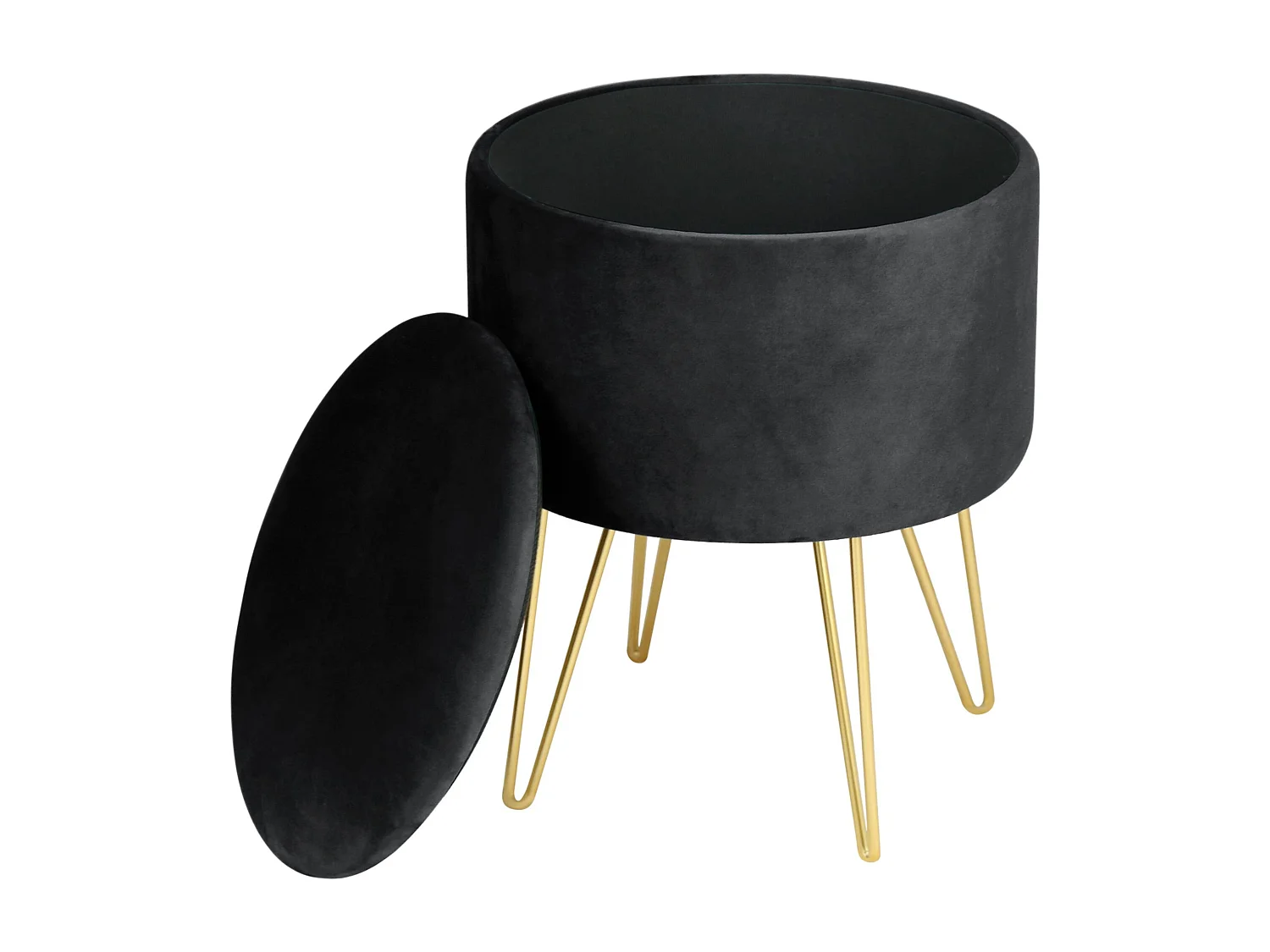 Opbergbare Fluwelen Poef Lili - Zwart & Goud, 35x45 cm