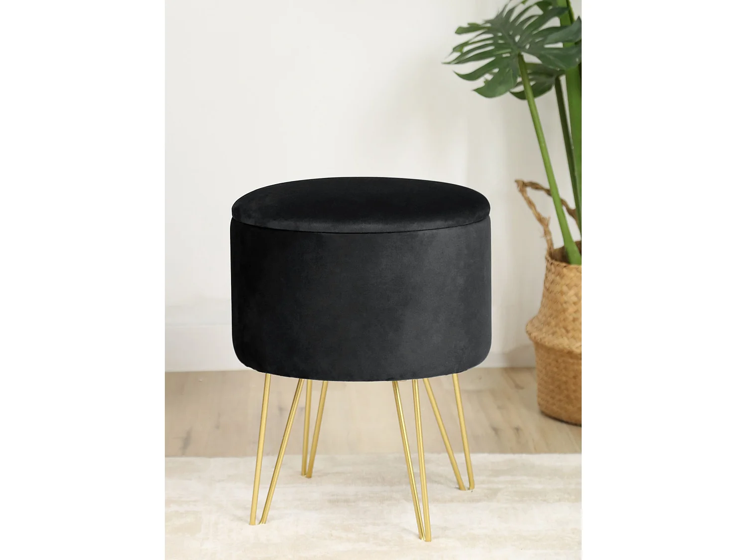 Pouf de Rangement avec Couvercle AKORD LILI velour colour Noir hauteur 45 cm