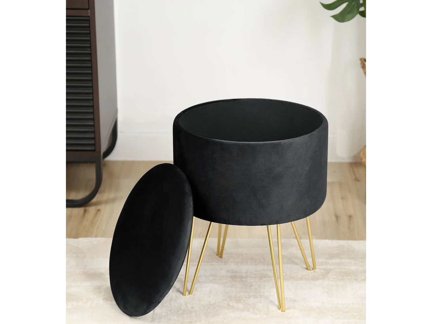 Pouf de Rangement avec Couvercle AKORD LILI velour colour Noir hauteur 45 cm