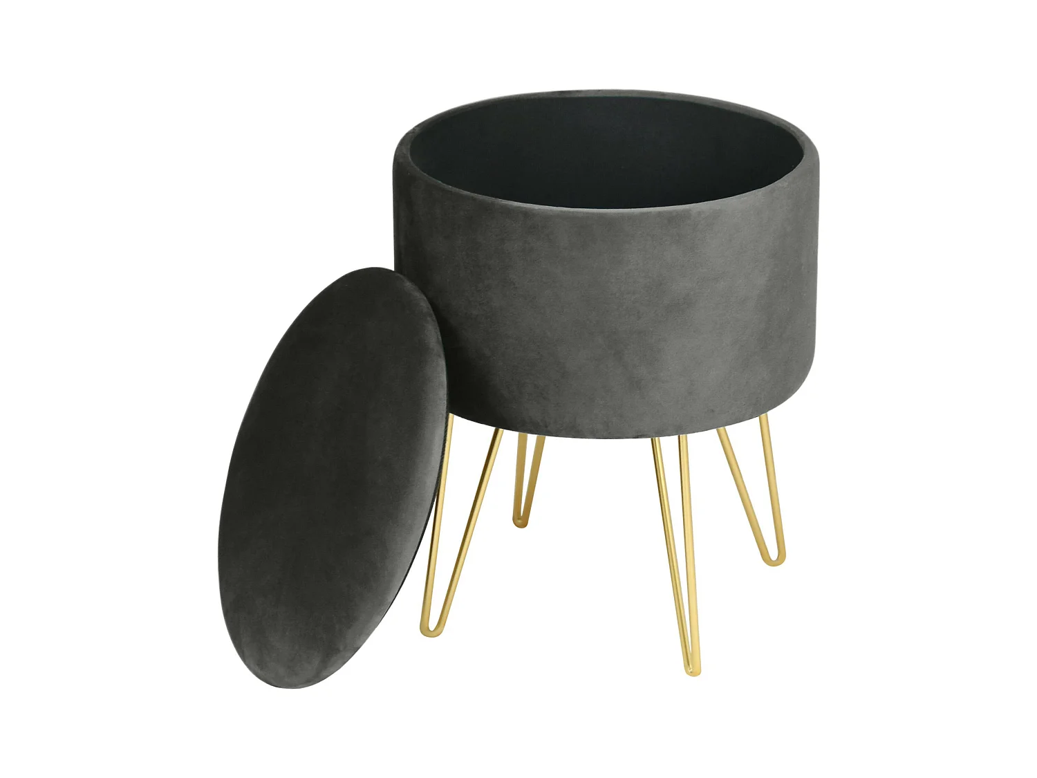 Ronde Opbergpoef in Grijs Fluweel met Gouden Stalen Basis - Zelfmontage Poef 45x35 cm