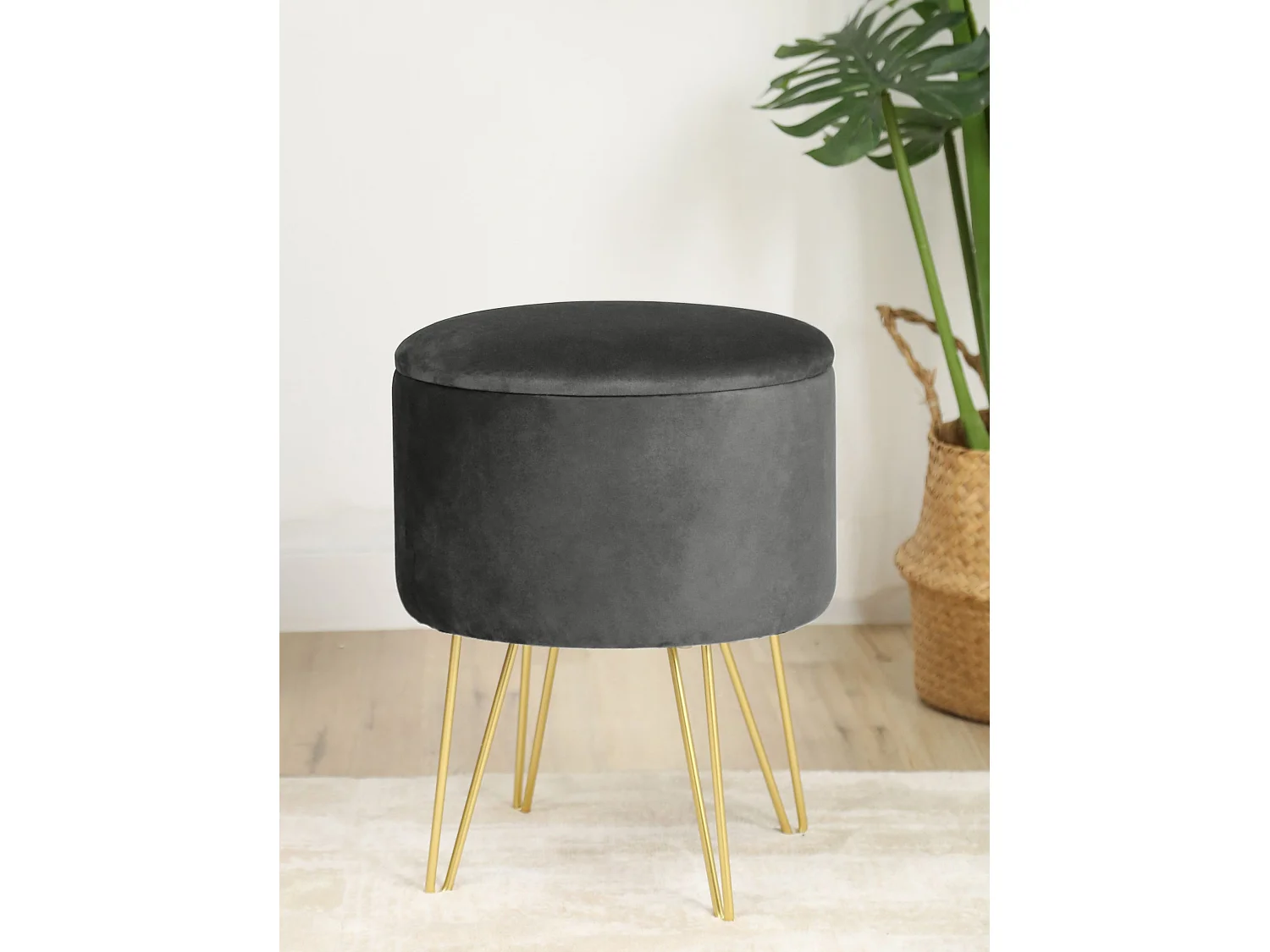 Pouf de Rangement avec Couvercle AKORD LILI velour colour Gris hauteur 45 cm