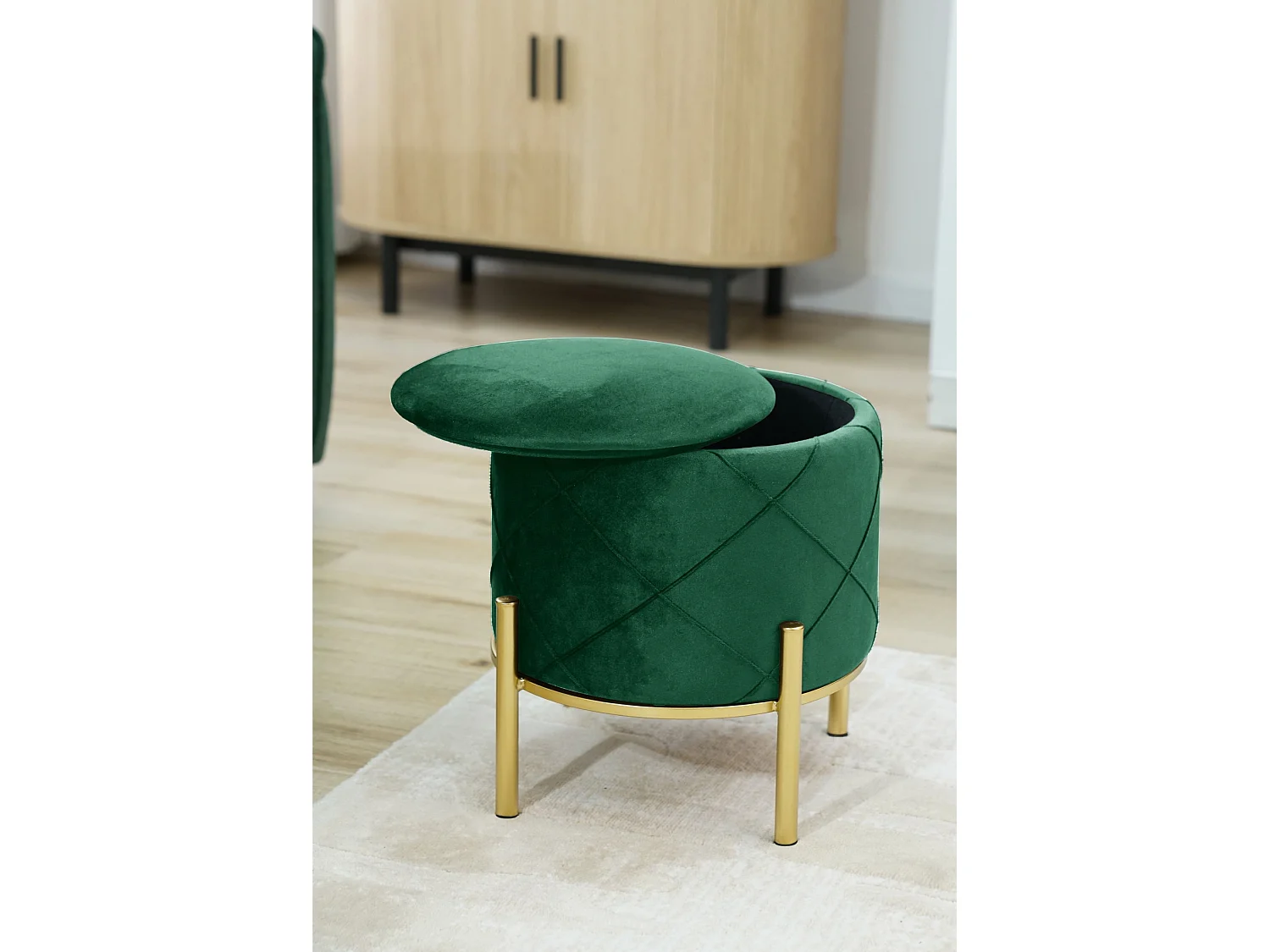 Pouf de Rangement avec Couvercle matelassé AKORD SAVANA velour colour Vert Bouteille hauteur 40 cm