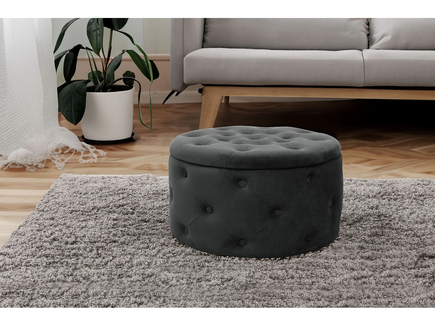 Pouf a scomparto rotonda in velluto trapuntato AKORD ALIA colore Nero