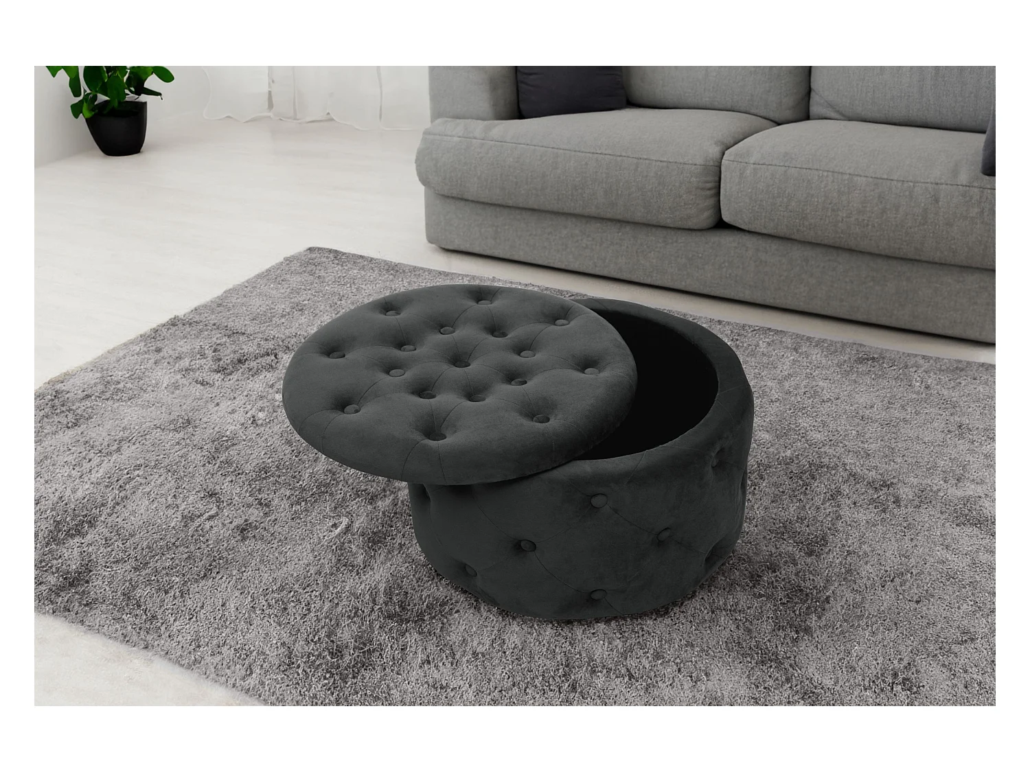 Alia Zwarte Fluwelen Poef - Ronde Tapijtzitting, Zelfmontage, 80kg Capaciteit