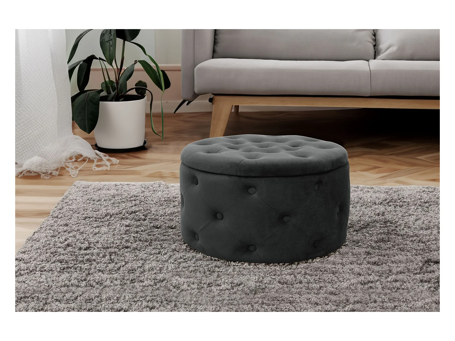 Alia Zwarte Fluwelen Poef - Ronde Tapijtzitting, Zelfmontage, 80kg Capaciteit