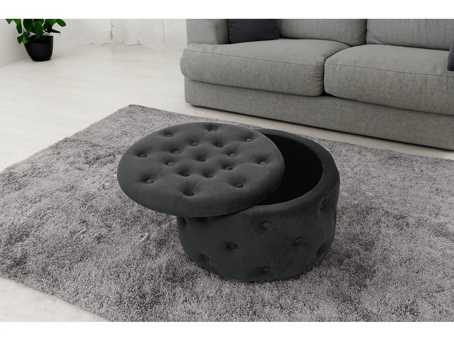 Pouf de Rangement avec Couvercle matelassé AKORD ALIA velour colour Noir hauteur 30 cm