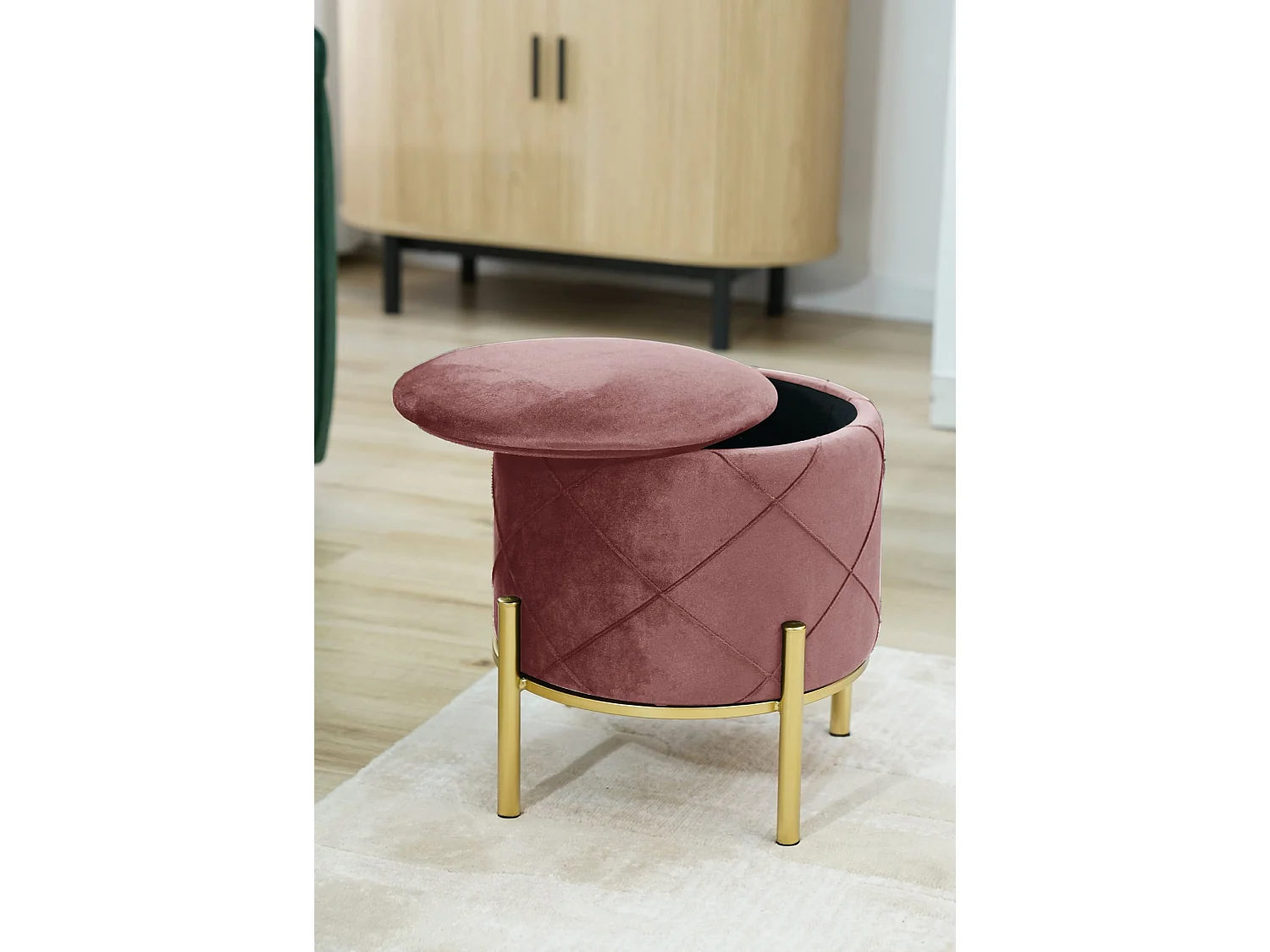 Pouf de Rangement avec Couvercle matelassé AKORD SAVANA velour colour Rose hauteur 40 cm
