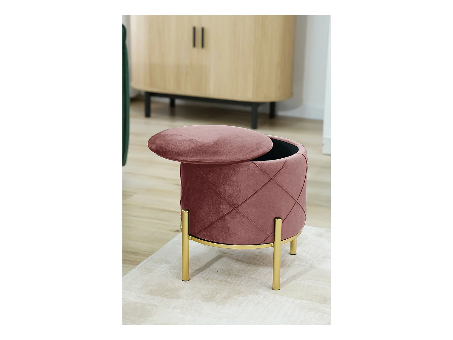 Puf redondo de terciopelo con almacenamiento AKORD SAVANA Rosa