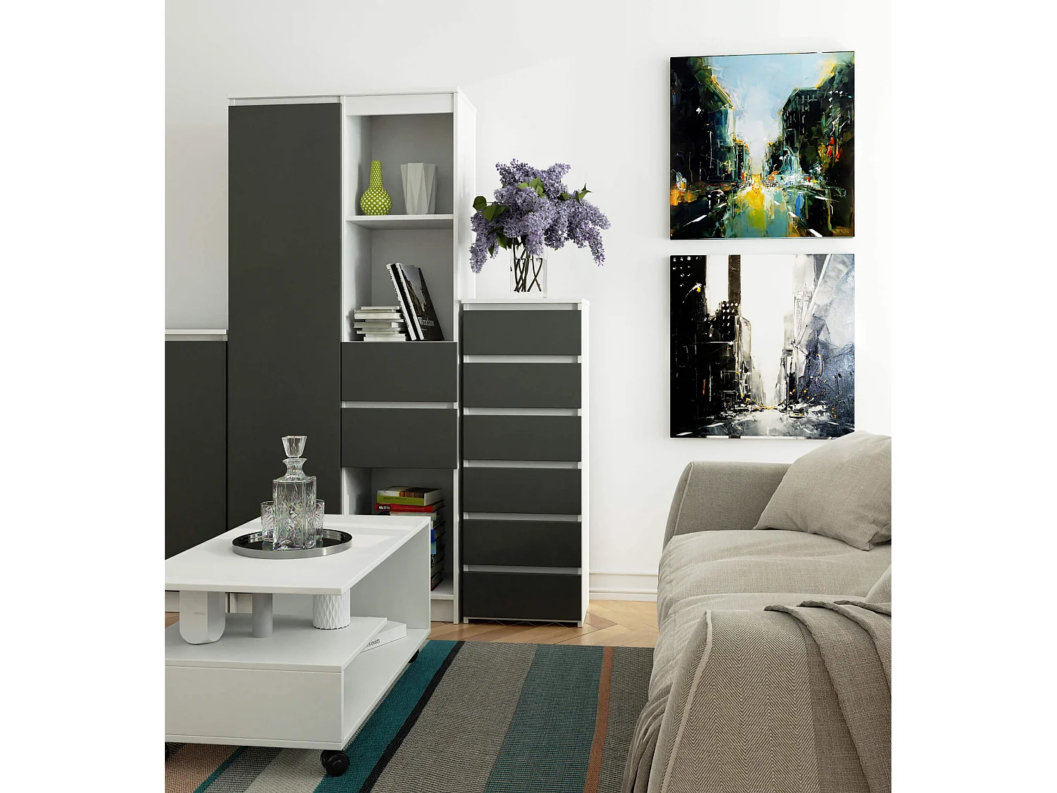 Kommode AKORD CL6 Weiß 40 cm 6 Schubladen Front Graphitgrau B40 x H109 x T35 cm