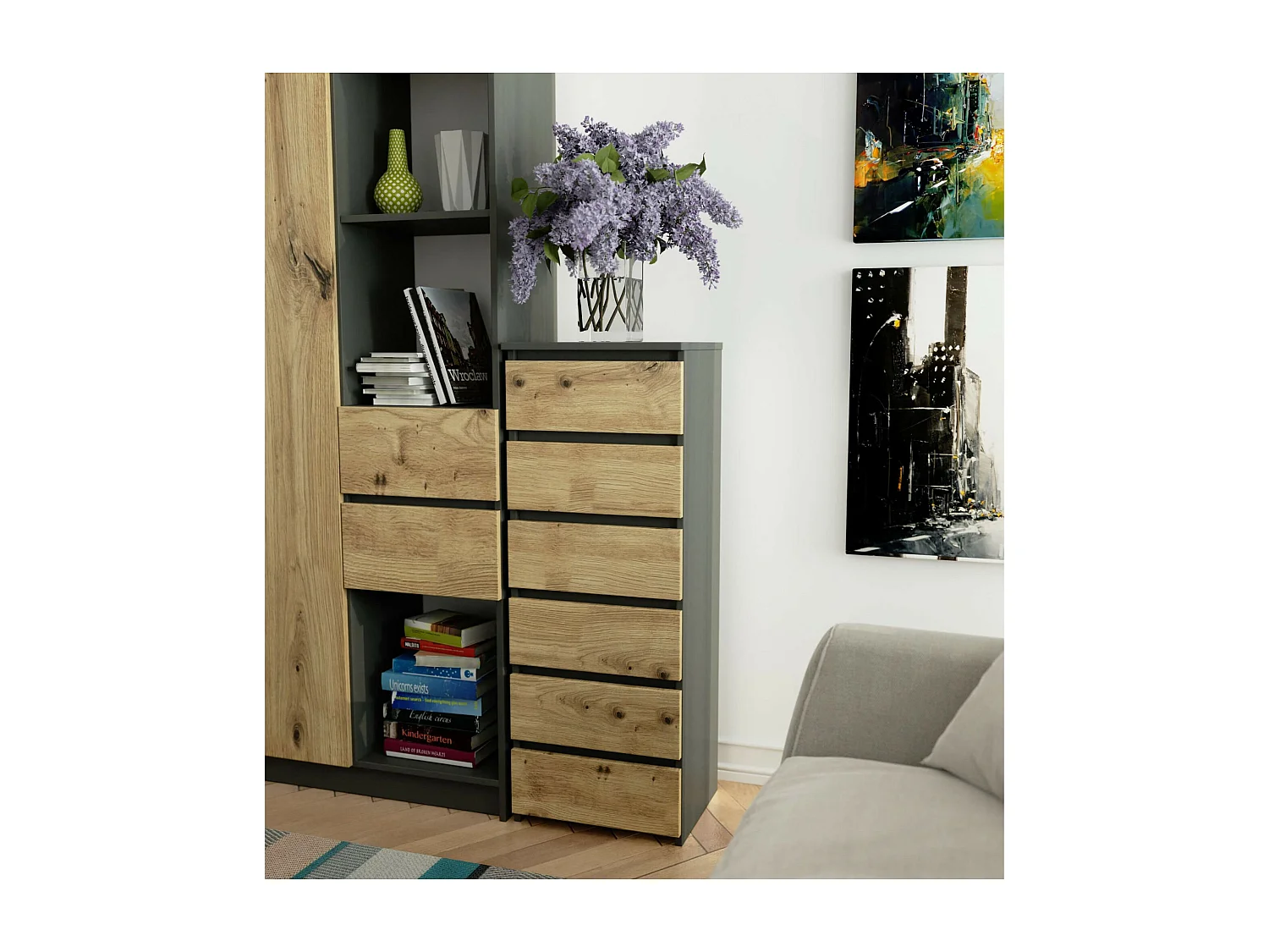 Zeslade Kast Grafietgrijs / Artisan Eiken - Modern Designmet 6 Laden