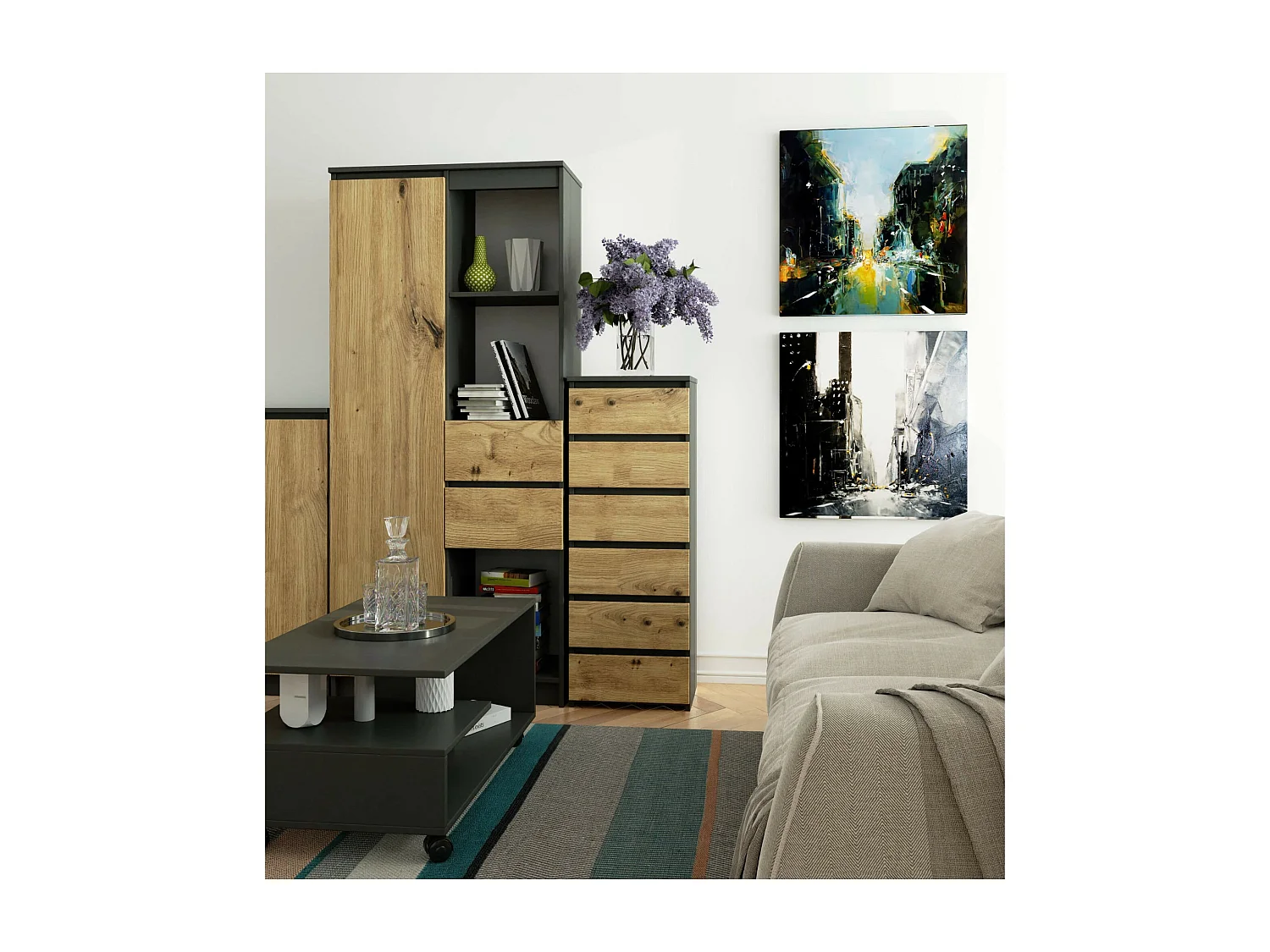 Ladekast CL6 met 6 Lades / AKORD Furniture Factory / Grafietgrijs - Artisan Eik / 40x109x35 cm