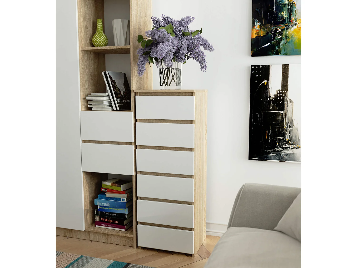 Kommode AKORD CL6 Sonoma-Eiche 40 cm 6 Schubladen Front Weiß B40 x H109 x T35 cm