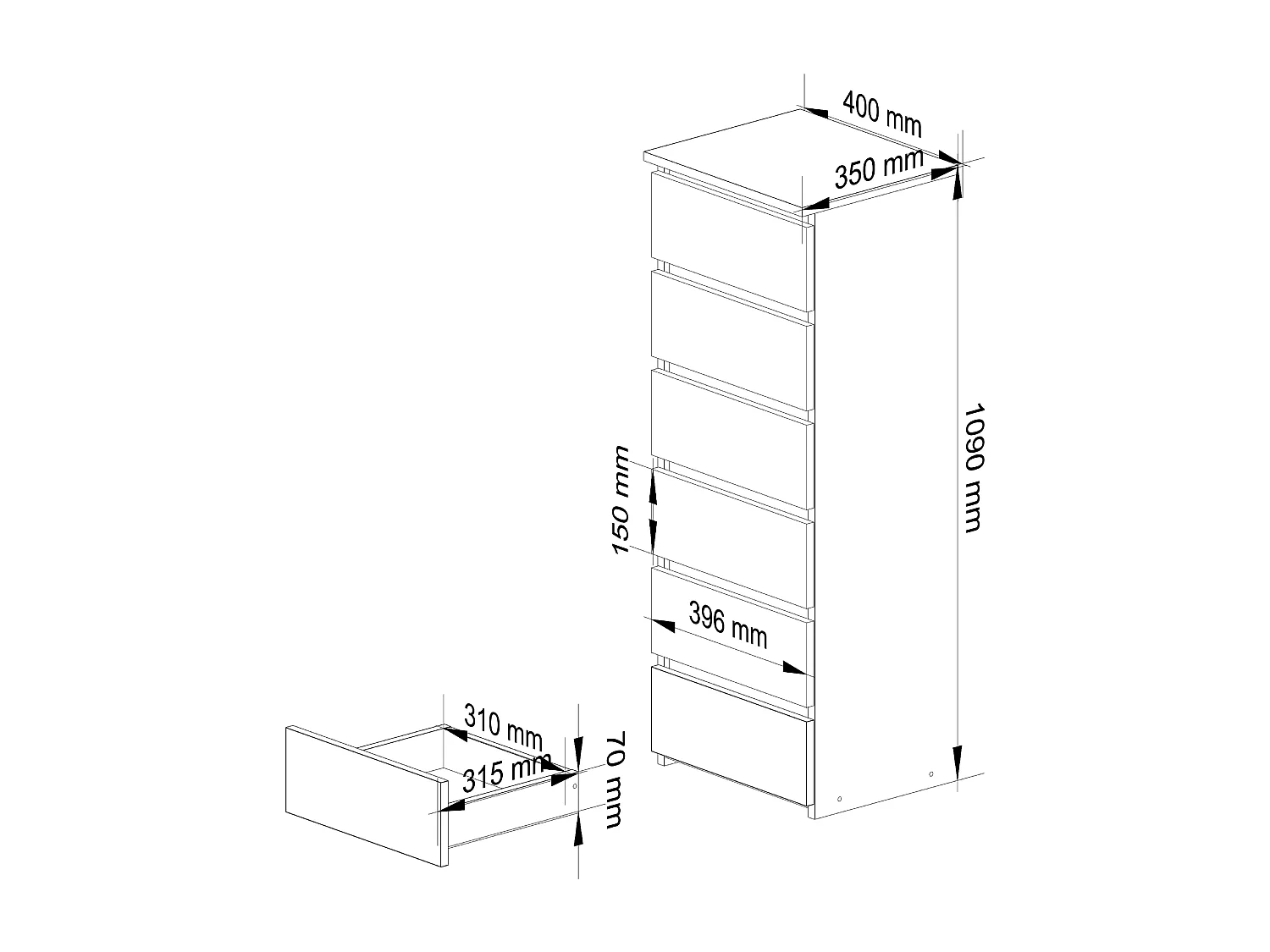 Komoda AKORD CL6 Dąb Sonoma 40 cm 6 szuflad kolor Biały mat 40x35x109 cm