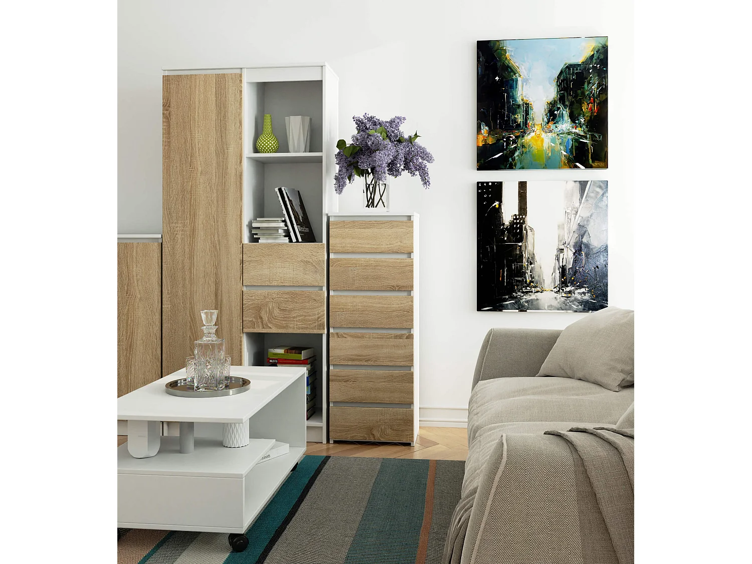 Komoda AKORD CL6 Biały 40 cm 6 szuflad fronty kolor Dąb Sonoma mat 40x35x109 cm