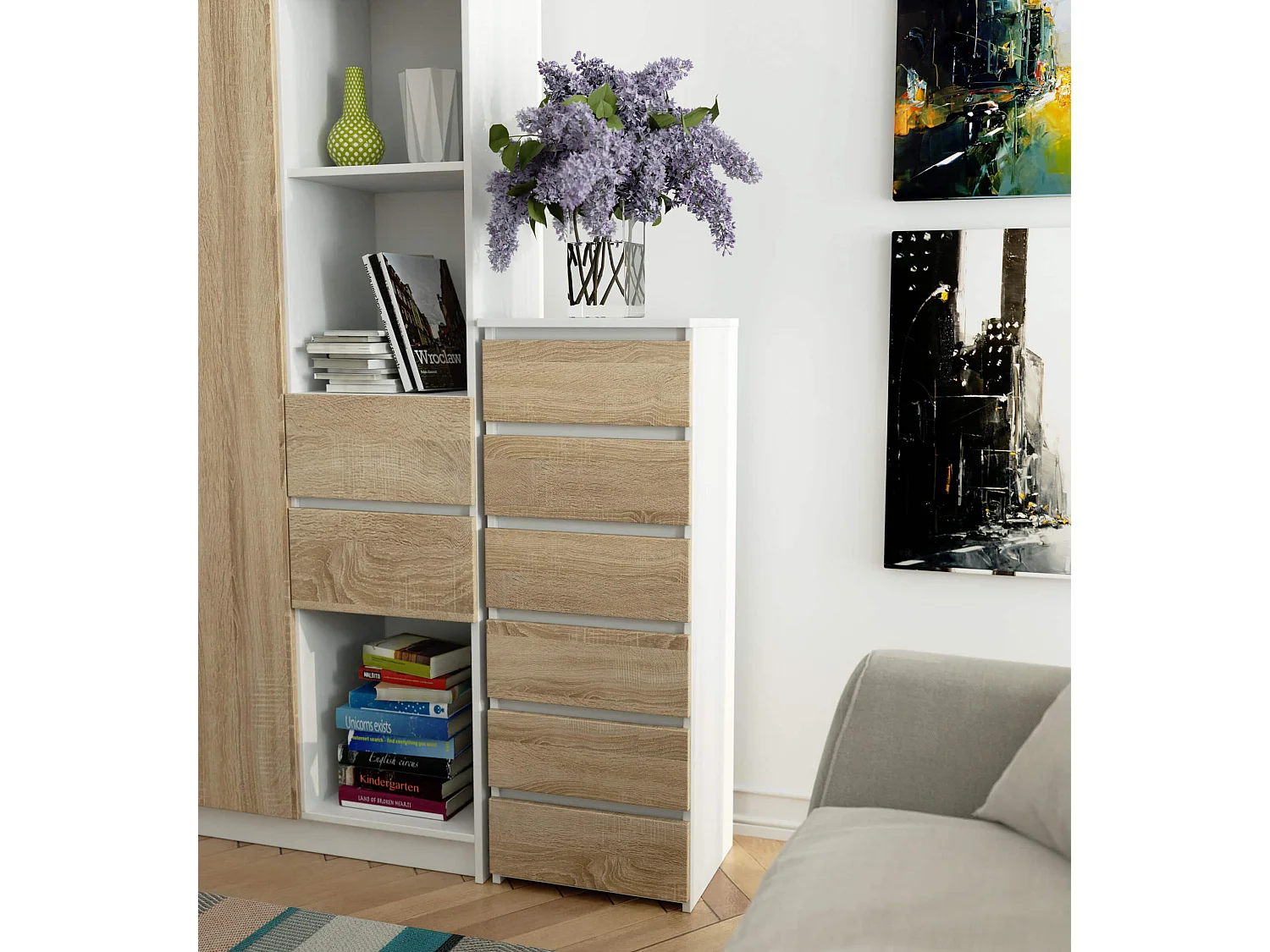 Commode AKORD CL6 Blanche 40 cm 6 tiroirs façade Chêne Sonoma 40x35x109 cm