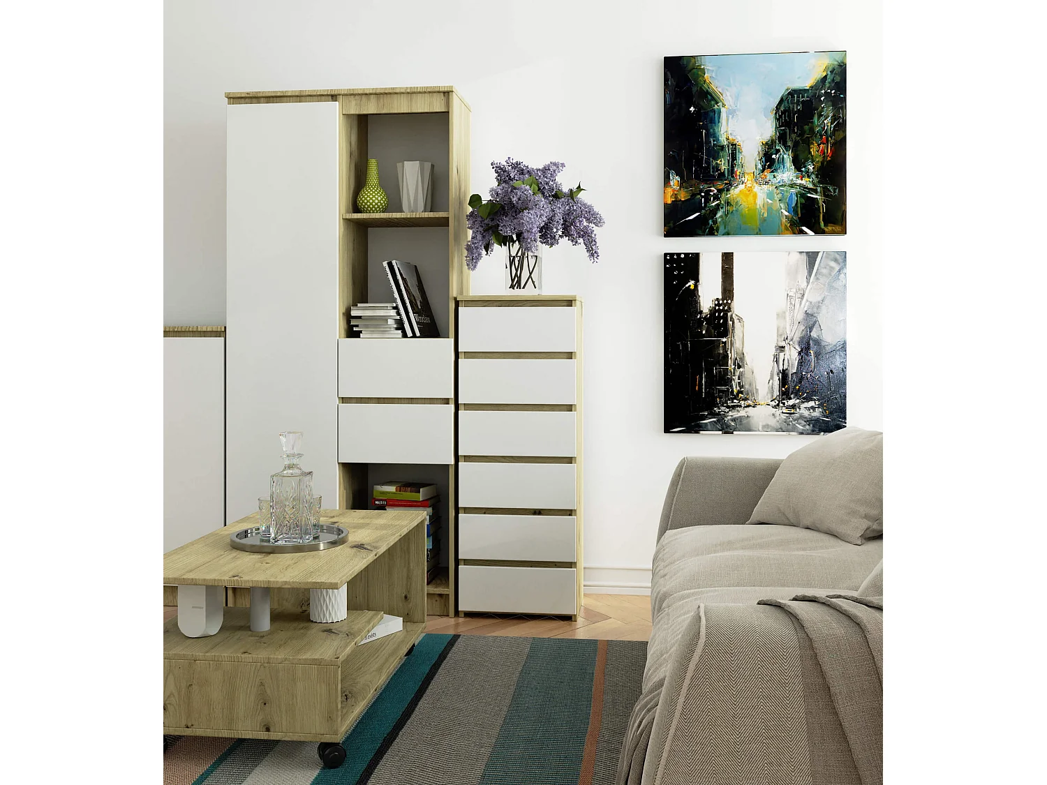 Commode AKORD CL6 Chêne Artisan 40 cm 6 tiroirs façade Blanche 40x35x109 cm