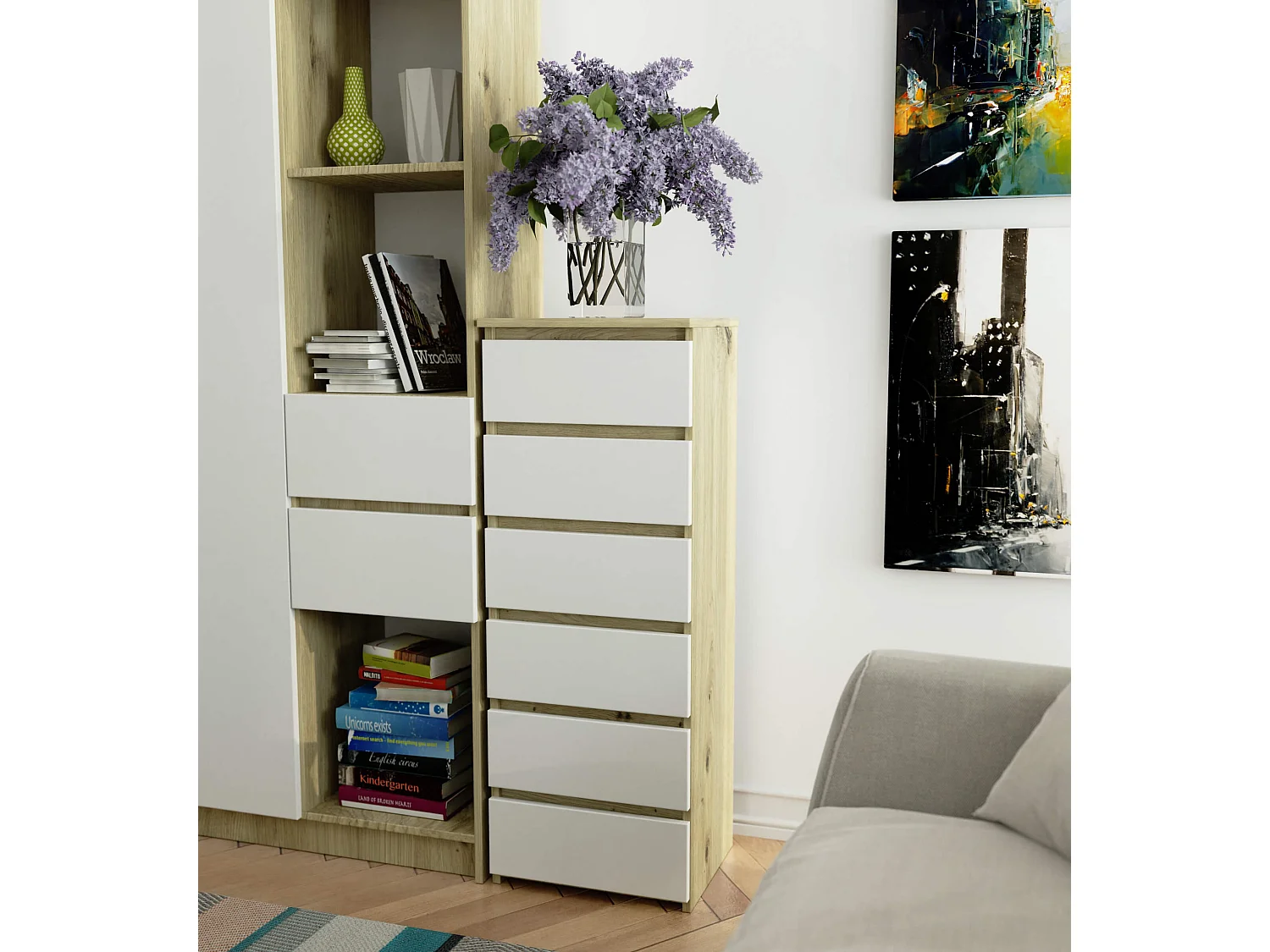 Commode AKORD CL6 Chêne Artisan 40 cm 6 tiroirs façade Blanche 40x35x109 cm