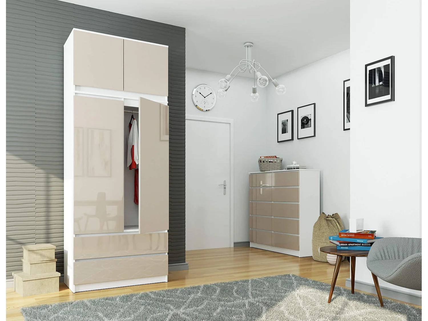 Surmeuble pour armoire AKORD S90 Blanc 90 cm 2 portes façade Cappuccino Brillant 2 étagères 90x51x55 cm