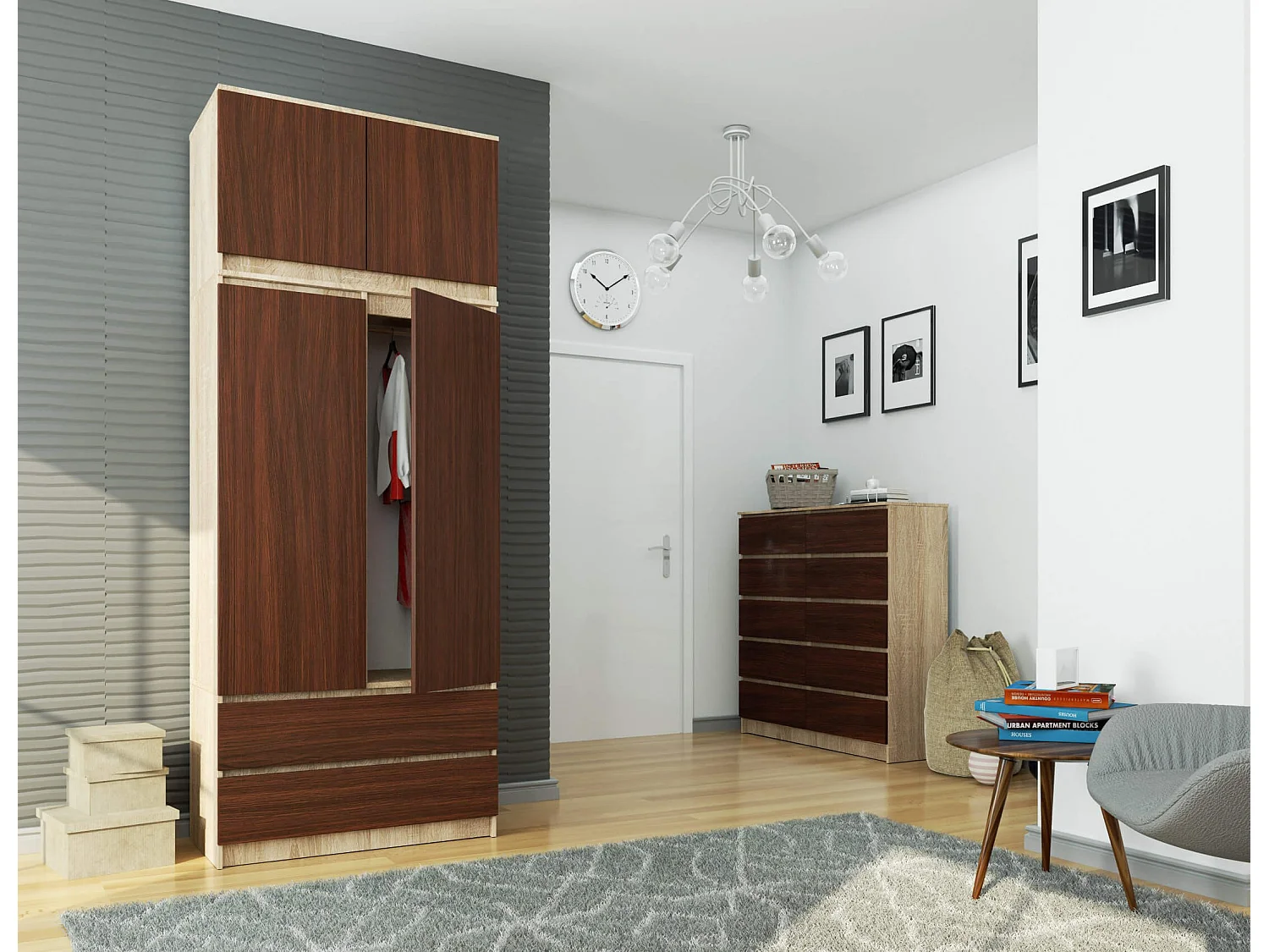 Surmeuble pour armoire AKORD S90 Chêne Sonoma 90 cm 2 portes façade Wengé 2 étagères 90x51x55 cm
