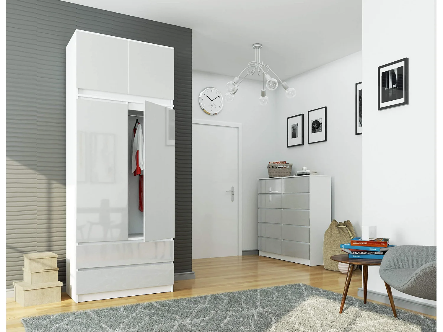 Schrankaufsatz für Kleiderschrank AKORD S90 Weiß 90 cm 2 Türen 2 Ebenen Front Metallisch Hochglanz B90 x H55 x T51 cm