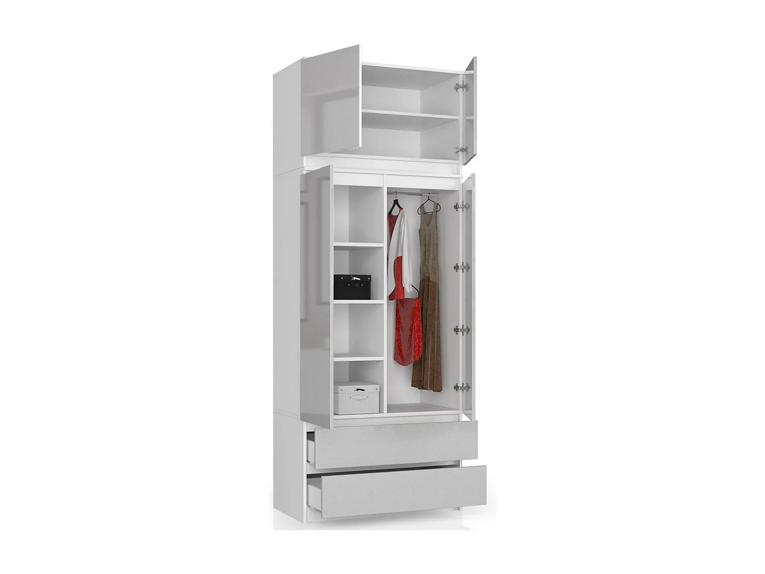 Schrankaufsatz für Kleiderschrank AKORD S90 Weiß 90 cm 2 Türen 2 Ebenen Front Metallisch Hochglanz B90 x H55 x T51 cm