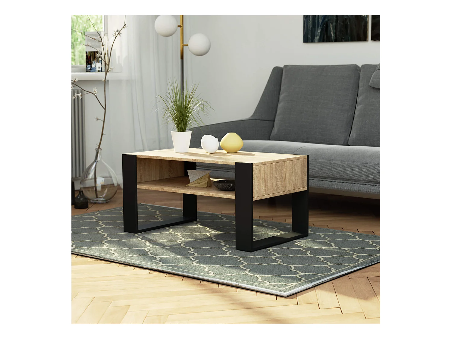 Mesa de centro AKORD DOMI Roble Sonoma 92 cm con patas en color Negro 92x53x45 cm