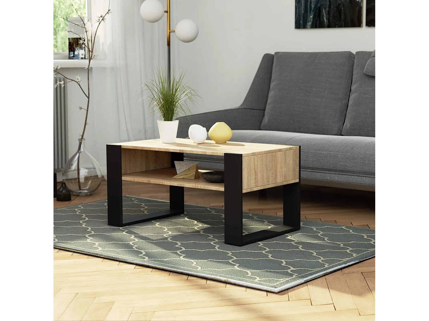 Stolik kawowy AKORD DOMI Dąb Sonoma 92 cm kolor Czarny mat 92x53x45 cm