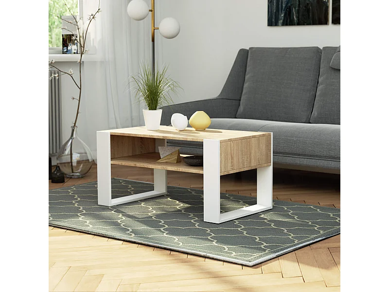 Mesa de centro AKORD DOMI Roble Sonoma 92 cm con patas en color Blanco 92x53x45 cm