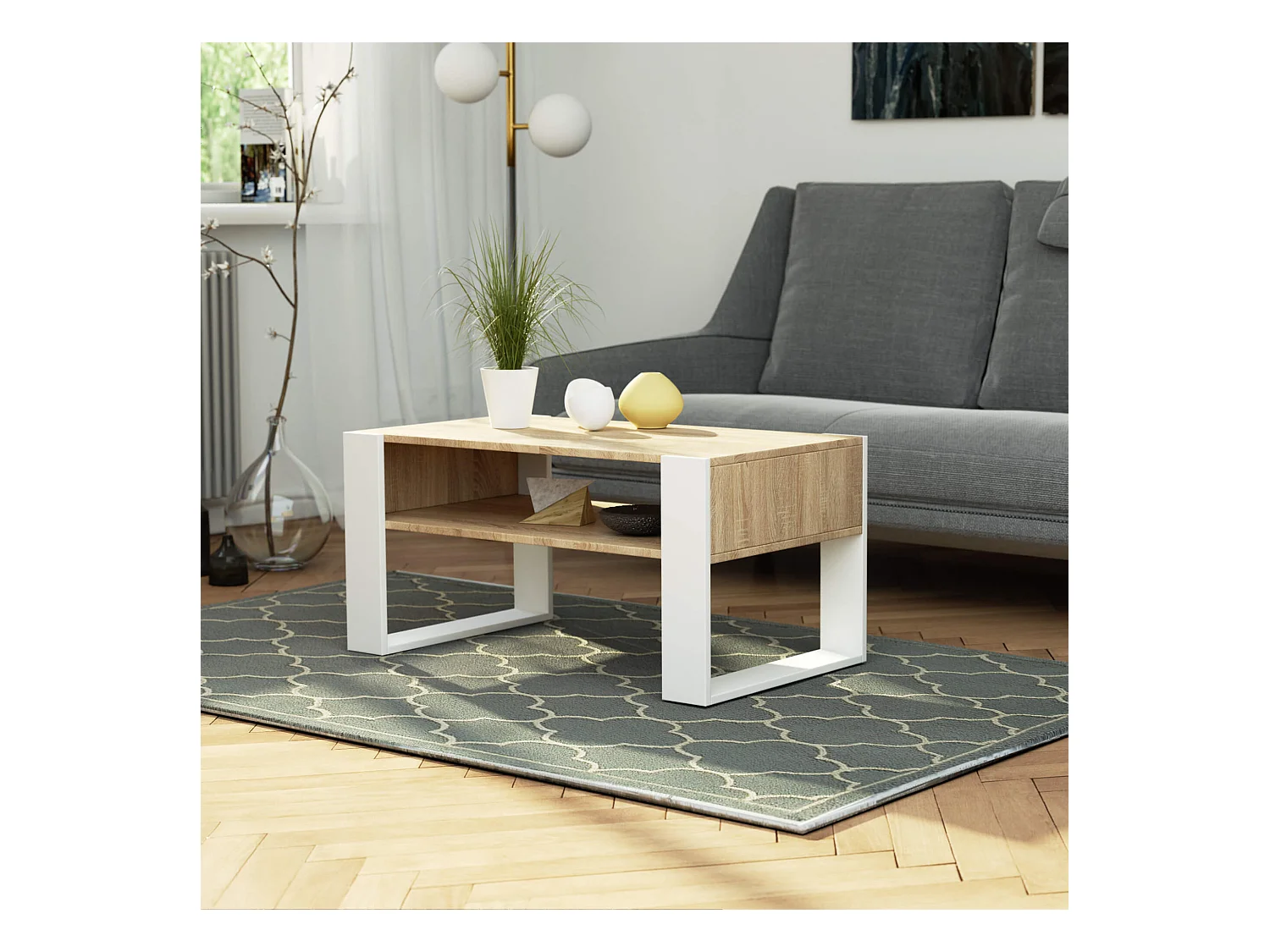 Table basse AKORD DOMI Chêne Sonoma 92 cm pieds Blanc 92x50x45 cm