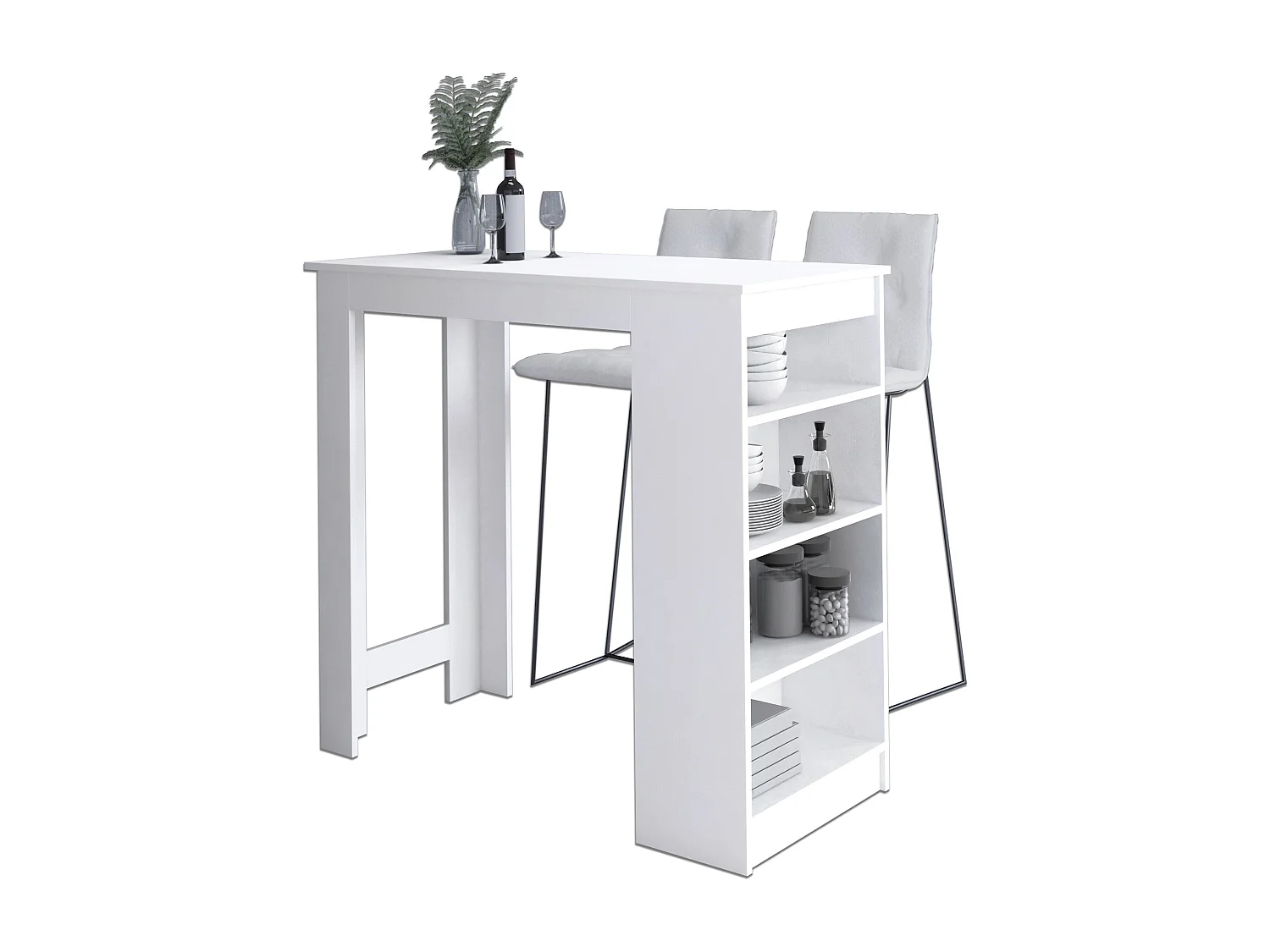 Table de bar pour le tabouret AKORD Blanche 115 cm façade Blanche 4 étagères 115x50x103 cm