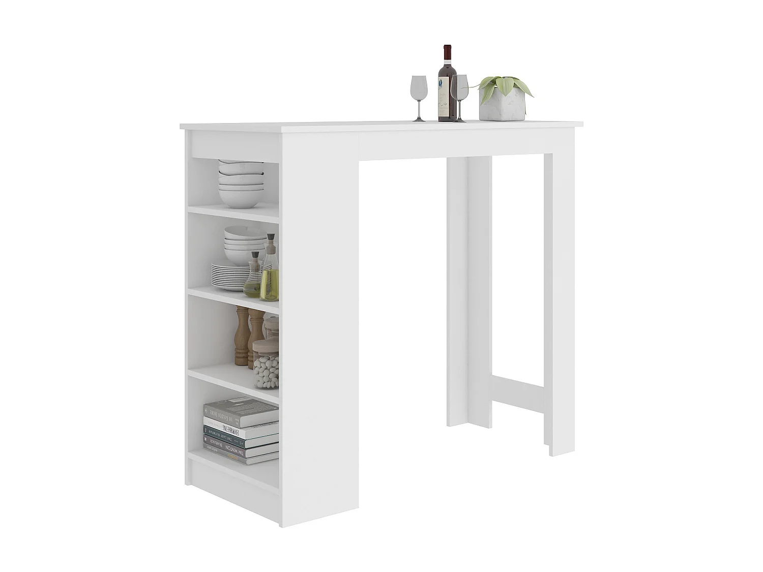 Table de bar pour le tabouret AKORD Blanche 115 cm façade Blanche 4 étagères 115x50x103 cm