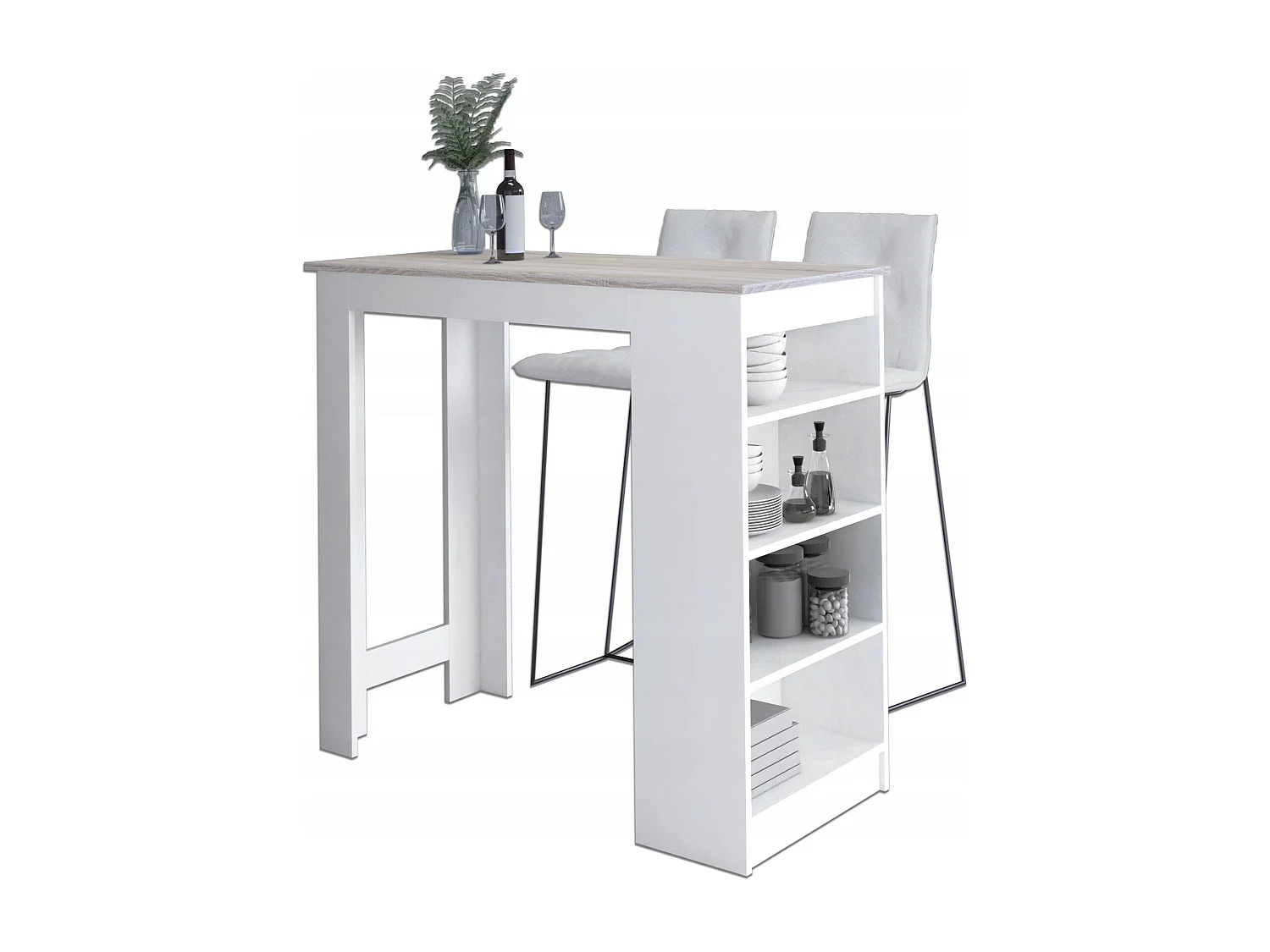 Table de bar pour le tabouret AKORD Blanche 115 cm façade Chêne Sonoma 4 étagères 115x50x103 cm