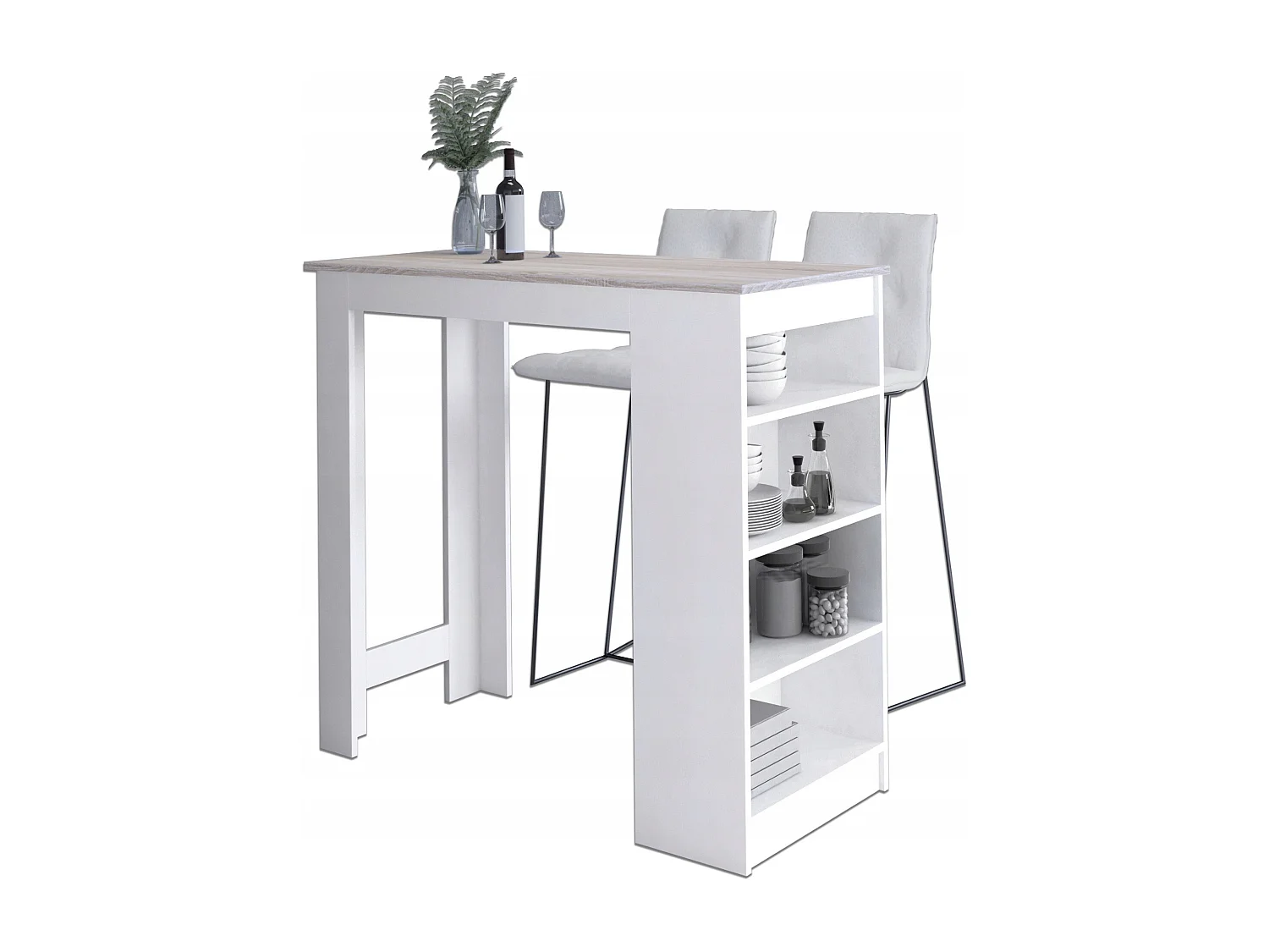 Table de bar pour le tabouret AKORD Blanche 115 cm façade Chêne Sonoma 4 étagères 115x50x103 cm