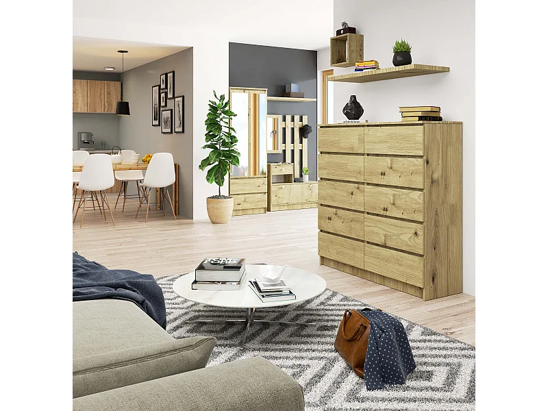 Commode AKORD K120 Chêne Artisan 120 cm 10 tiroirs façade Chêne Artisan 120x40x121 cm
