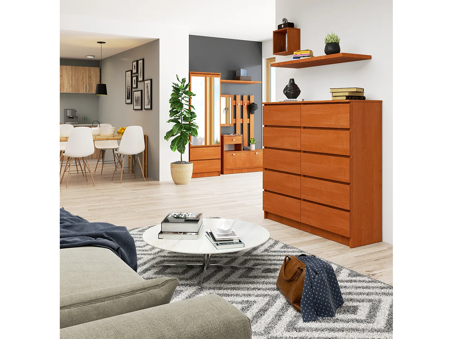 Commode AKORD K120 Aulne 120 cm 10 tiroirs façade Aulne 120x40x121 cm