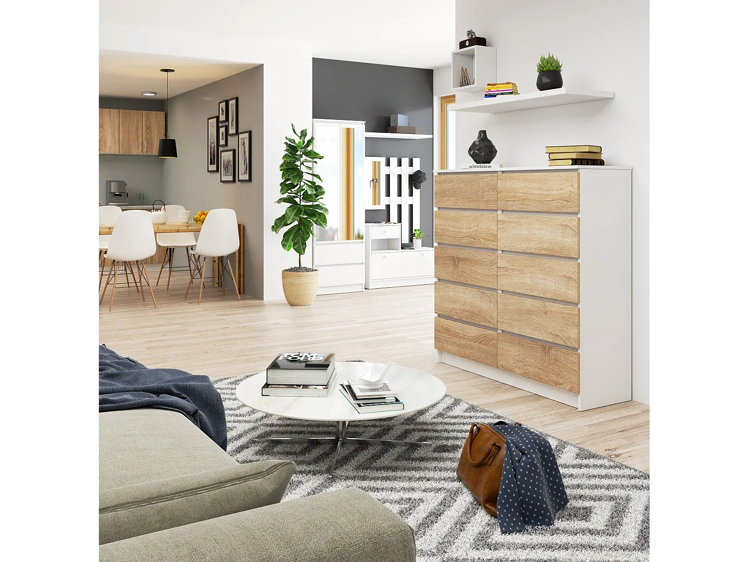 Commode AKORD K120 Blanche 120 cm 10 tiroirs façade Chêne Sonoma 120x40x121 cm