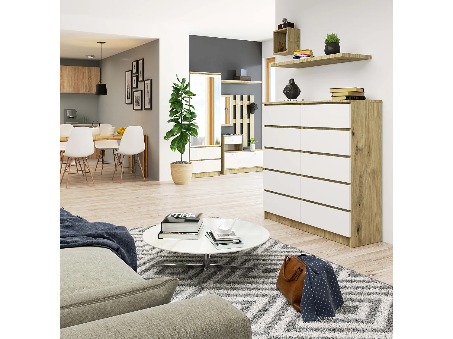 Artisan Eiken & Wit Mat Ladekast - 10 Lades, 120cm