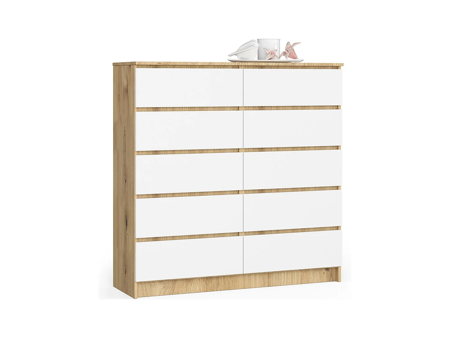 Commode AKORD K120 Chêne Artisan 120 cm 10 tiroirs façade Blanche 120x40x121 cm