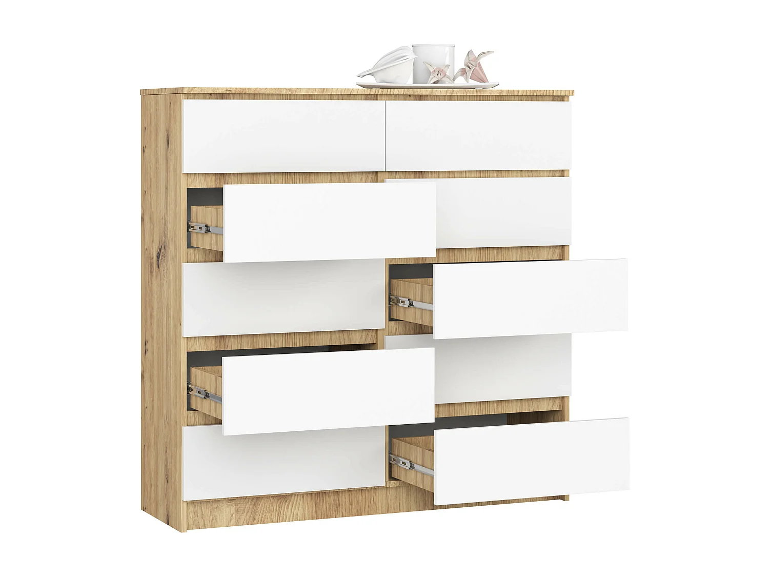 Commode AKORD K120 Chêne Artisan 120 cm 10 tiroirs façade Blanche 120x40x121 cm