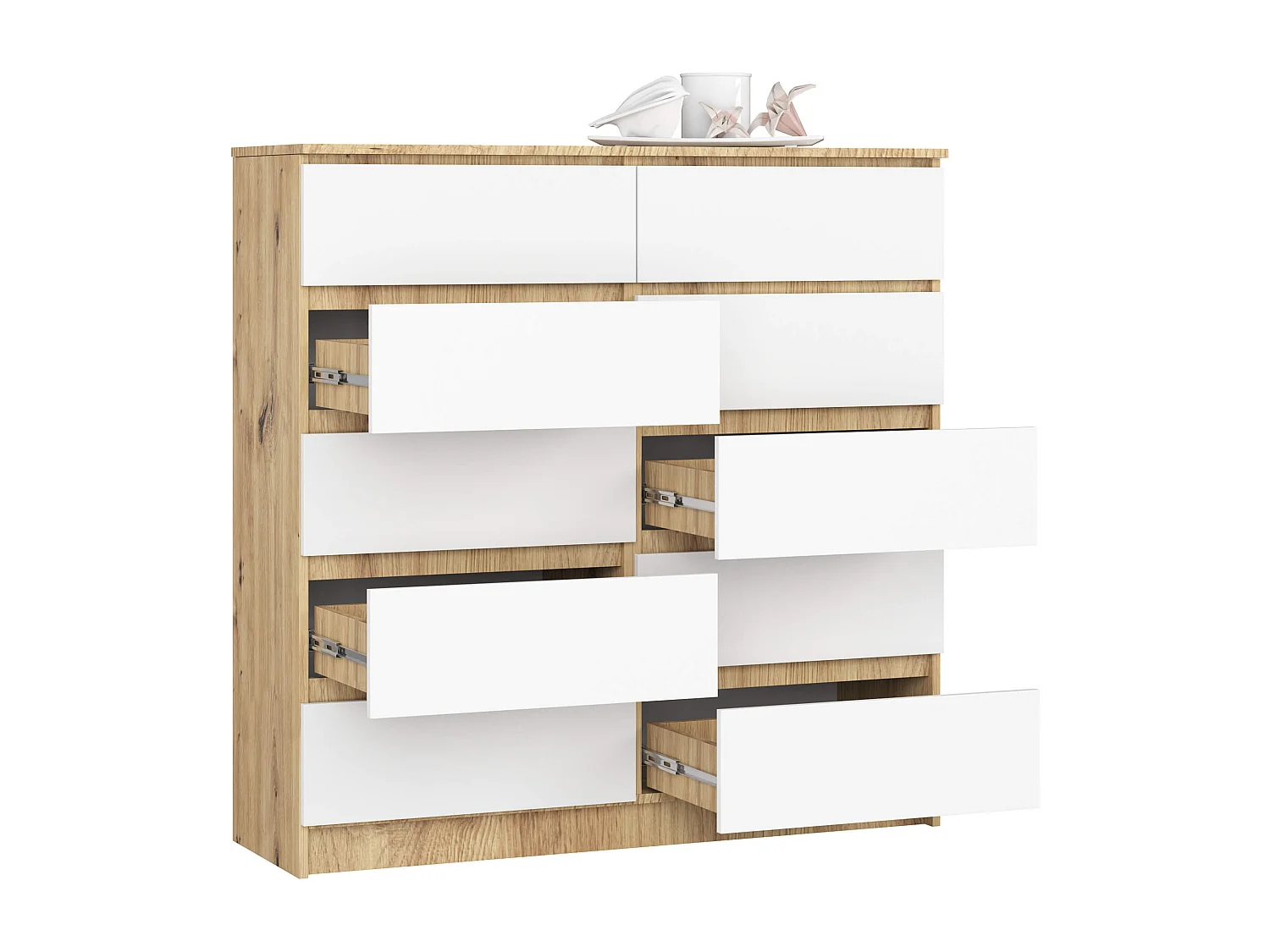 Commode AKORD K120 Chêne Artisan 120 cm 10 tiroirs façade Blanche 120x40x121 cm