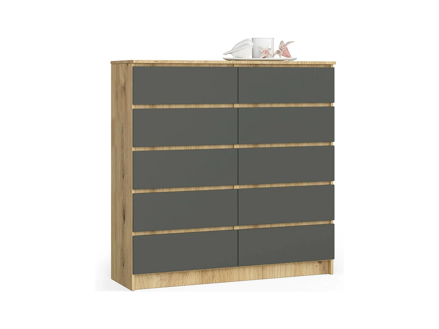 Commode AKORD K120 Chêne Artisan 120 cm 10 tiroirs façade Gris Graphite 120x40x121 cm