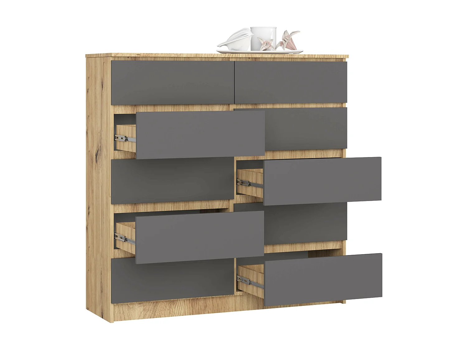 Commode AKORD K120 Chêne Artisan 120 cm 10 tiroirs façade Gris Graphite 120x40x121 cm